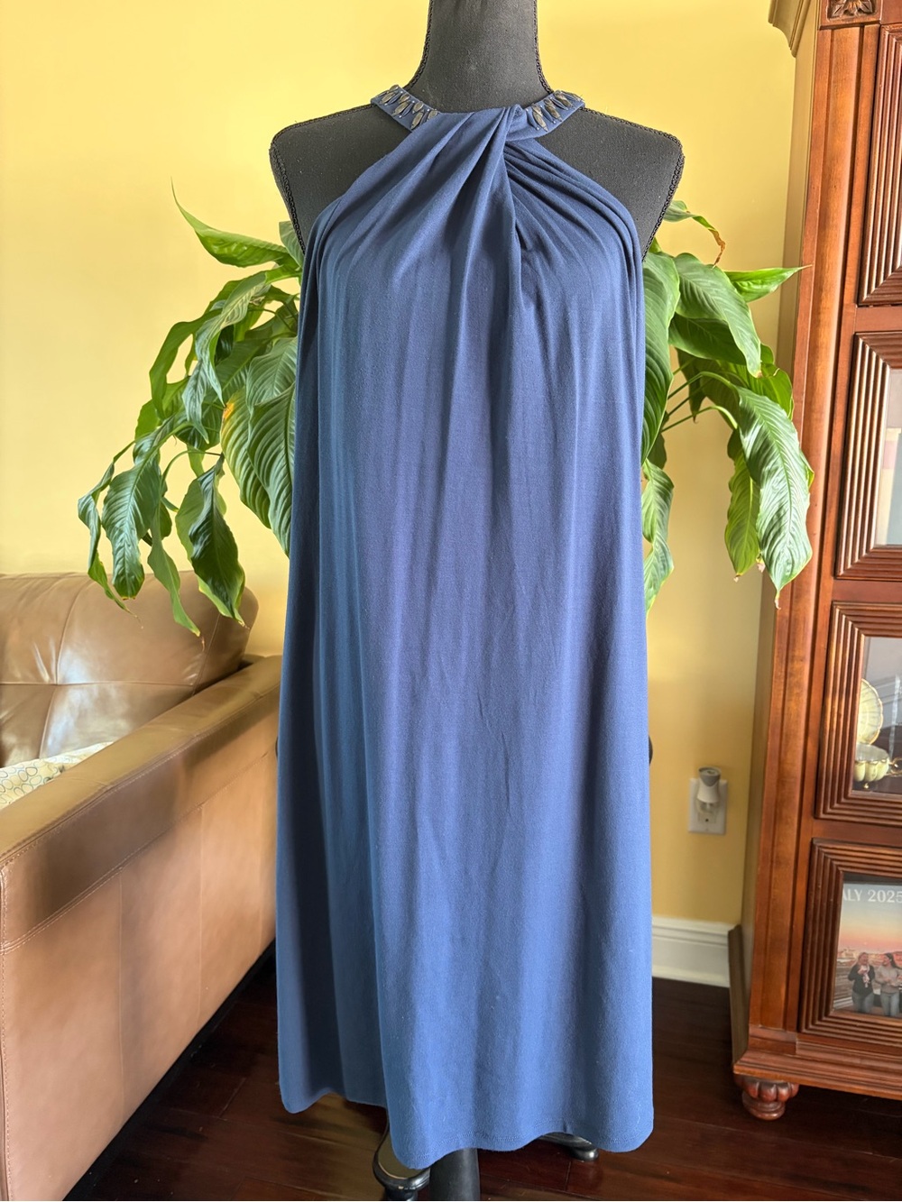 Tommy Bahama Blue Halter Neck Dress, embellished neckline - Size Large